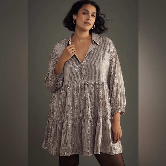 NWT! Anthro The Bettina Tiered Shirt Dress by Maeve: Mini Sequin Edition 🔎⚽️ - Picture 4 of 15